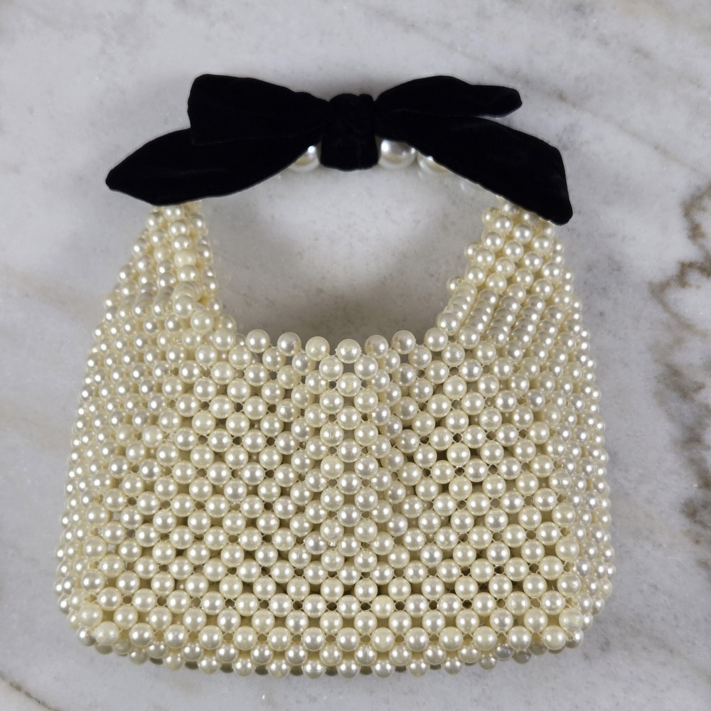 Faux Pearl Beaded Handbag w/Black Velvet Bow Pearlcore Quiet Luxury Bridal‎ Chic